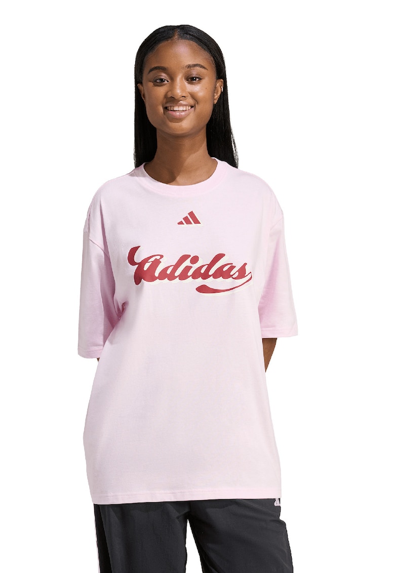 Tricou supradimensionat din bumbac cu imprimeu logo - Rosu/Roz deschis