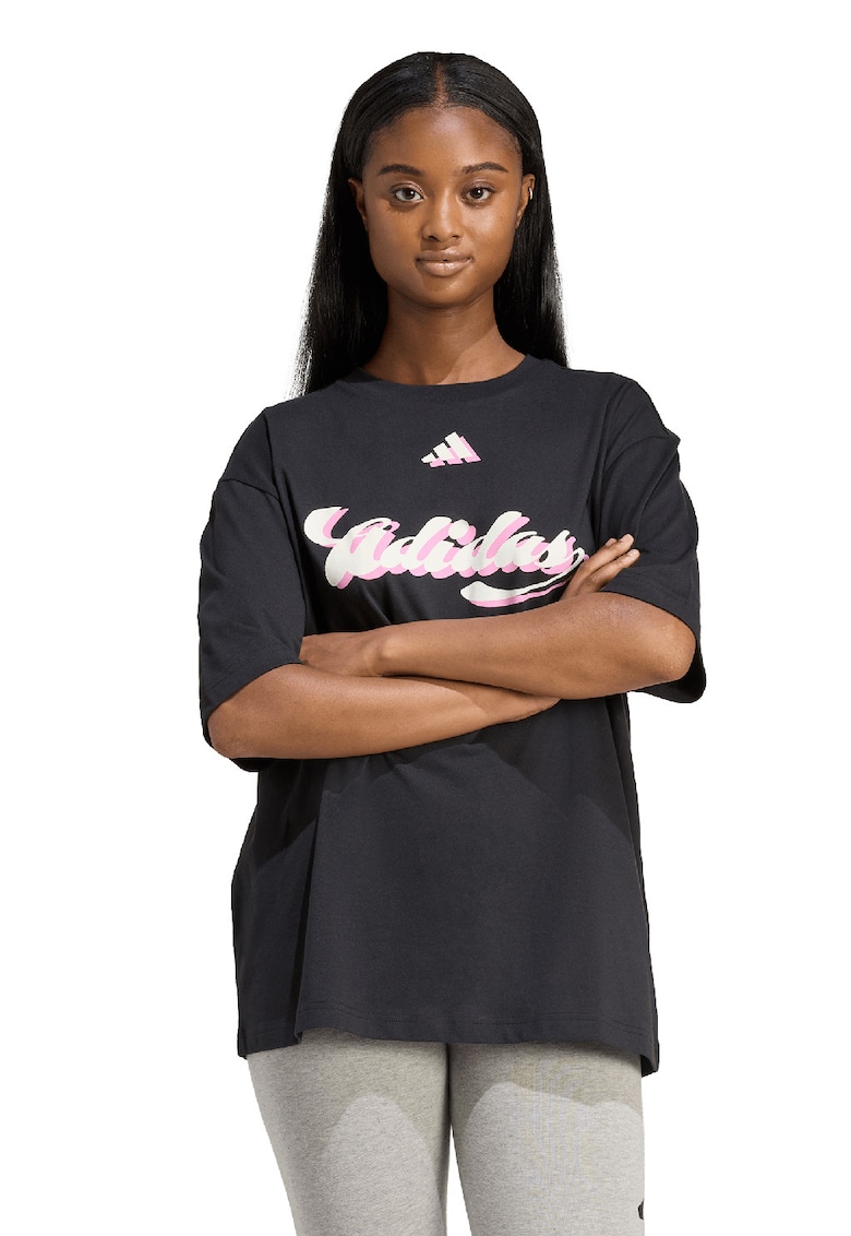 Tricou supradimensionat din bumbac cu imprimeu logo - Negru/Roz