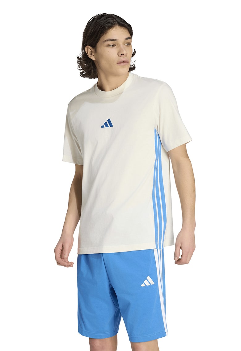 Tricou din bumbac cu decolteu la baza gatului si logo - Alb murdar/Albastru