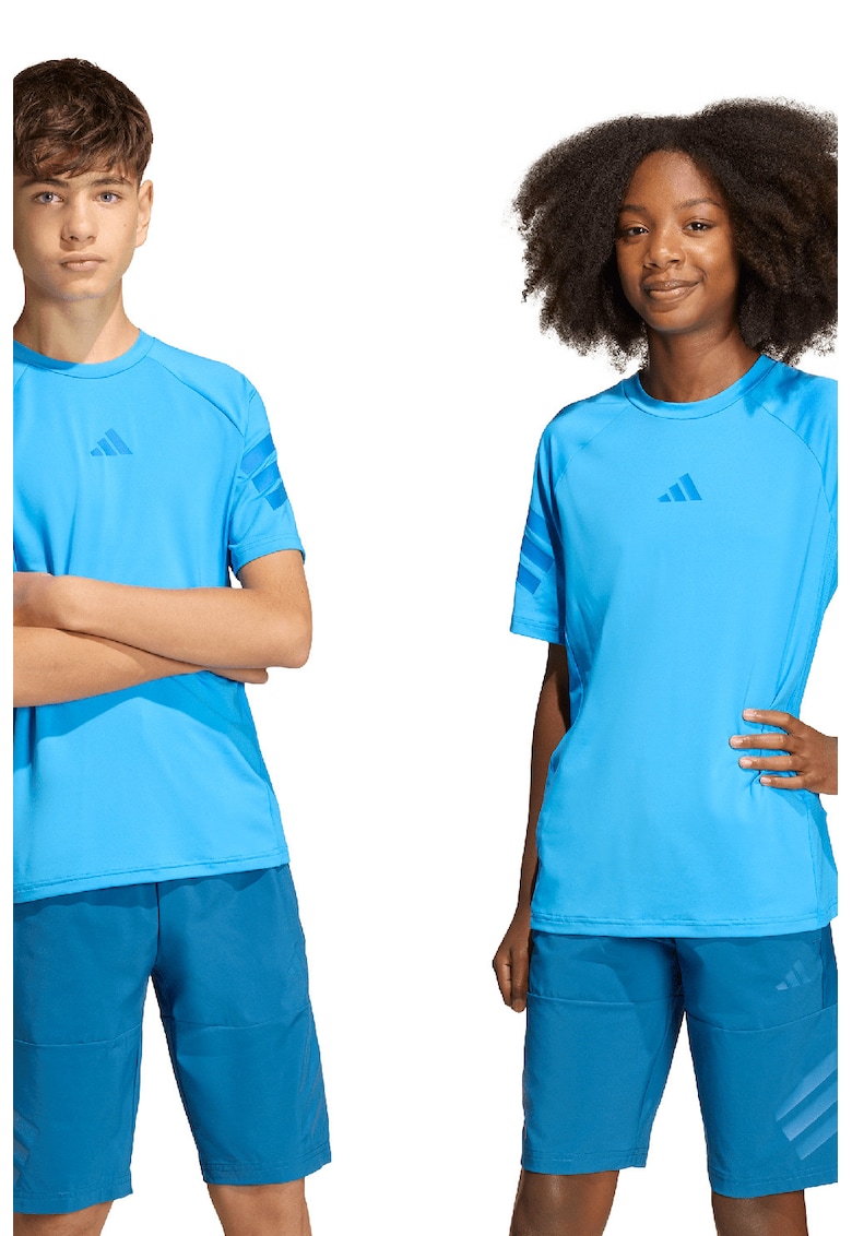Tricou unisex cu decolteu la baza gatului si logo discret - Albastru