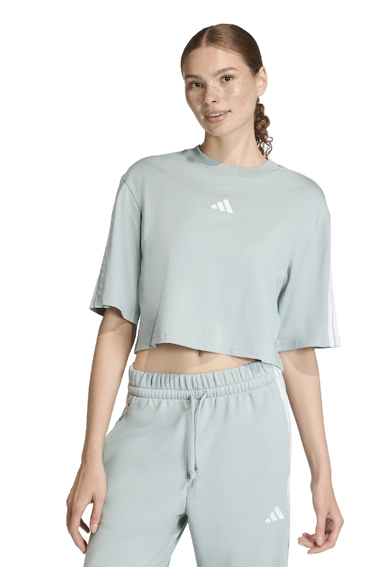 Tricou crop cu croiala lejera si logo - Alb/Verde pal
