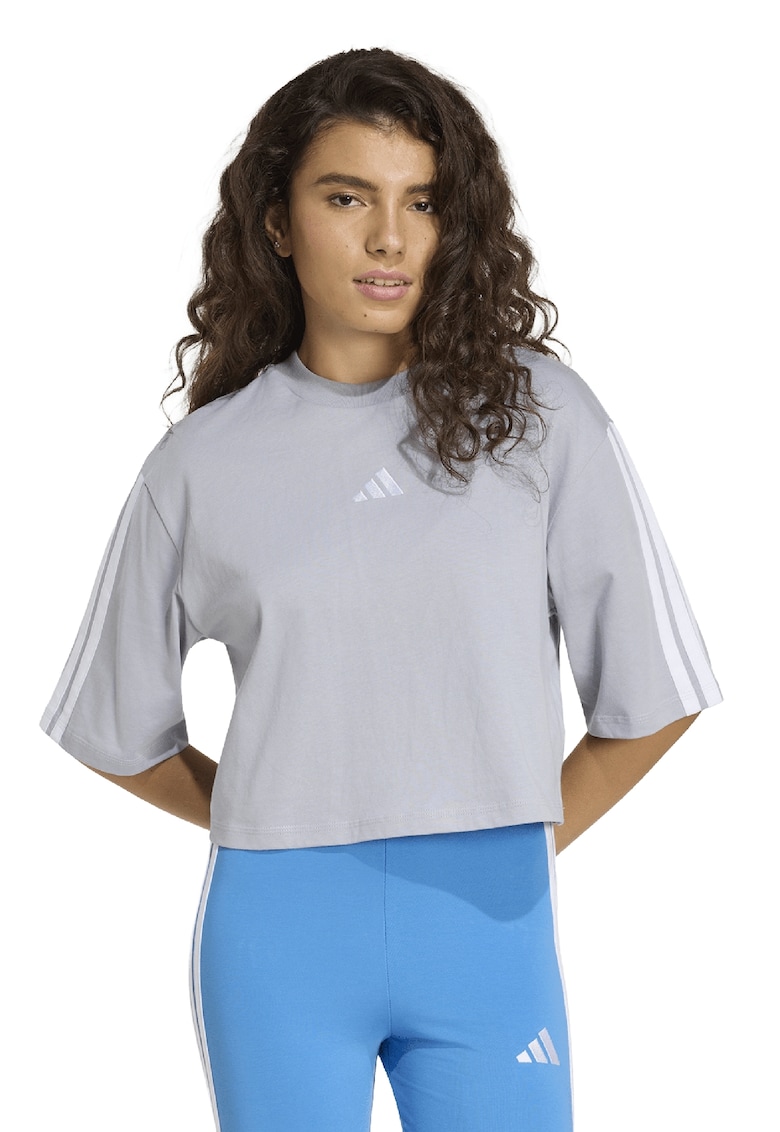 Tricou crop cu croiala lejera si logo - Gri deschis