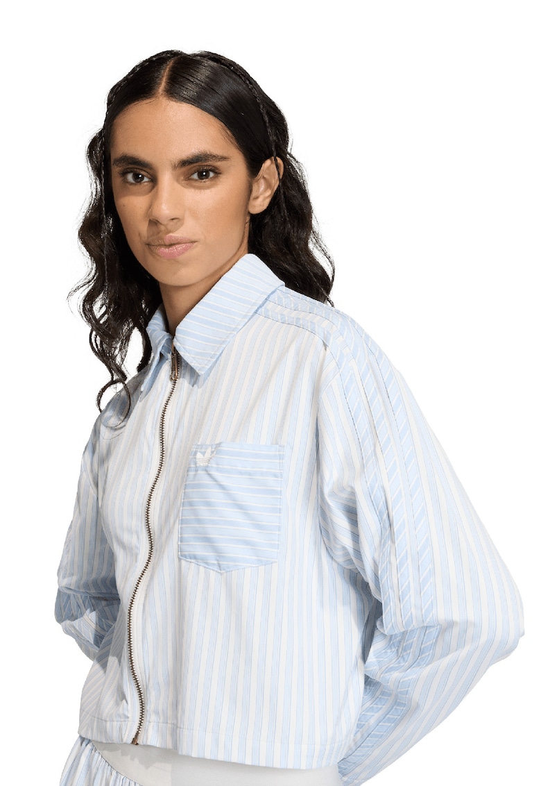 Jacheta-camasa crop cu model in dungi si fermoar - Alb/Albastru glaciar