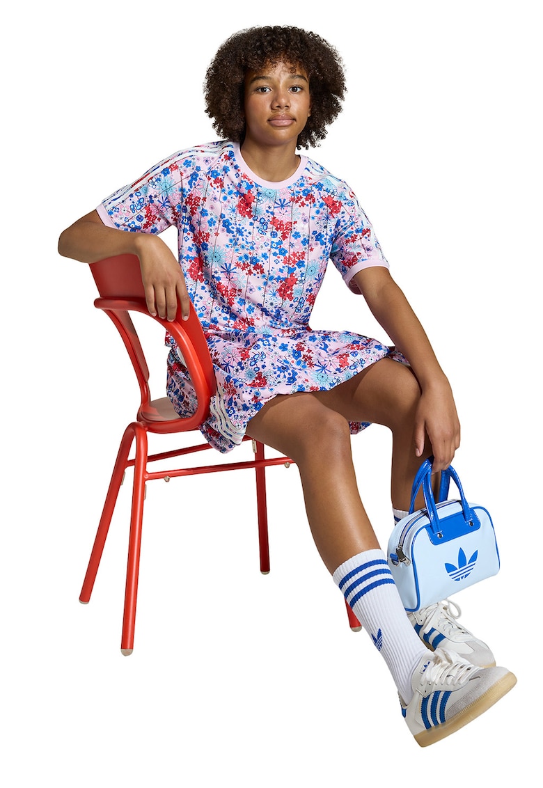 Tricou cu model floral si decolteu la baza gatului Liberty - Roz deschis/Rosu deschis/Albastru deschis