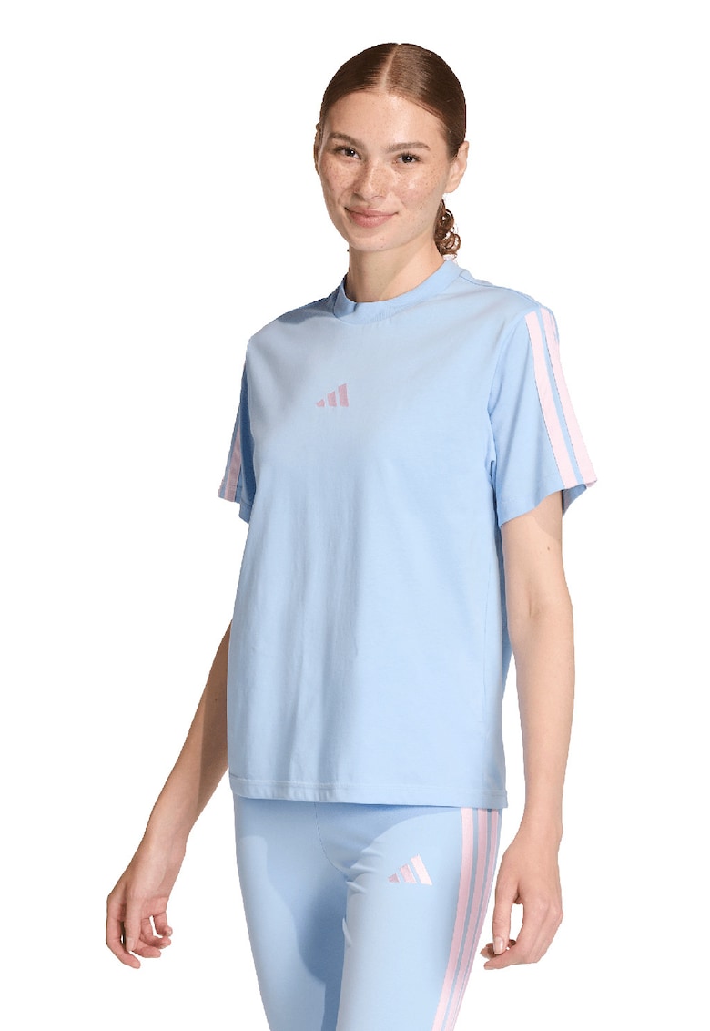Tricou din bumbac cu decolteu la baza gatului - Roz deschis/Albastru glaciar