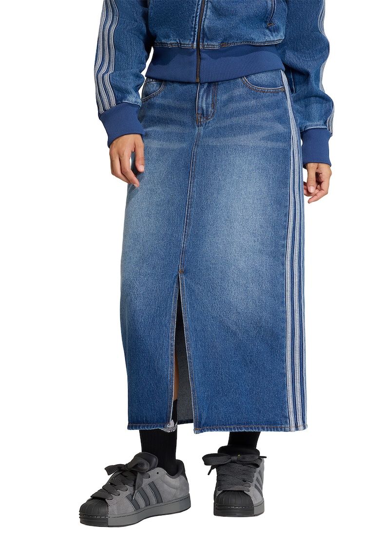 Fusta din denim cu slit frontal si benzi contrastante - Albastru inchis