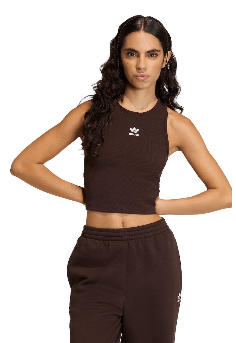 Top crop striat cu decolteu racerback Essentials - Maro inchis