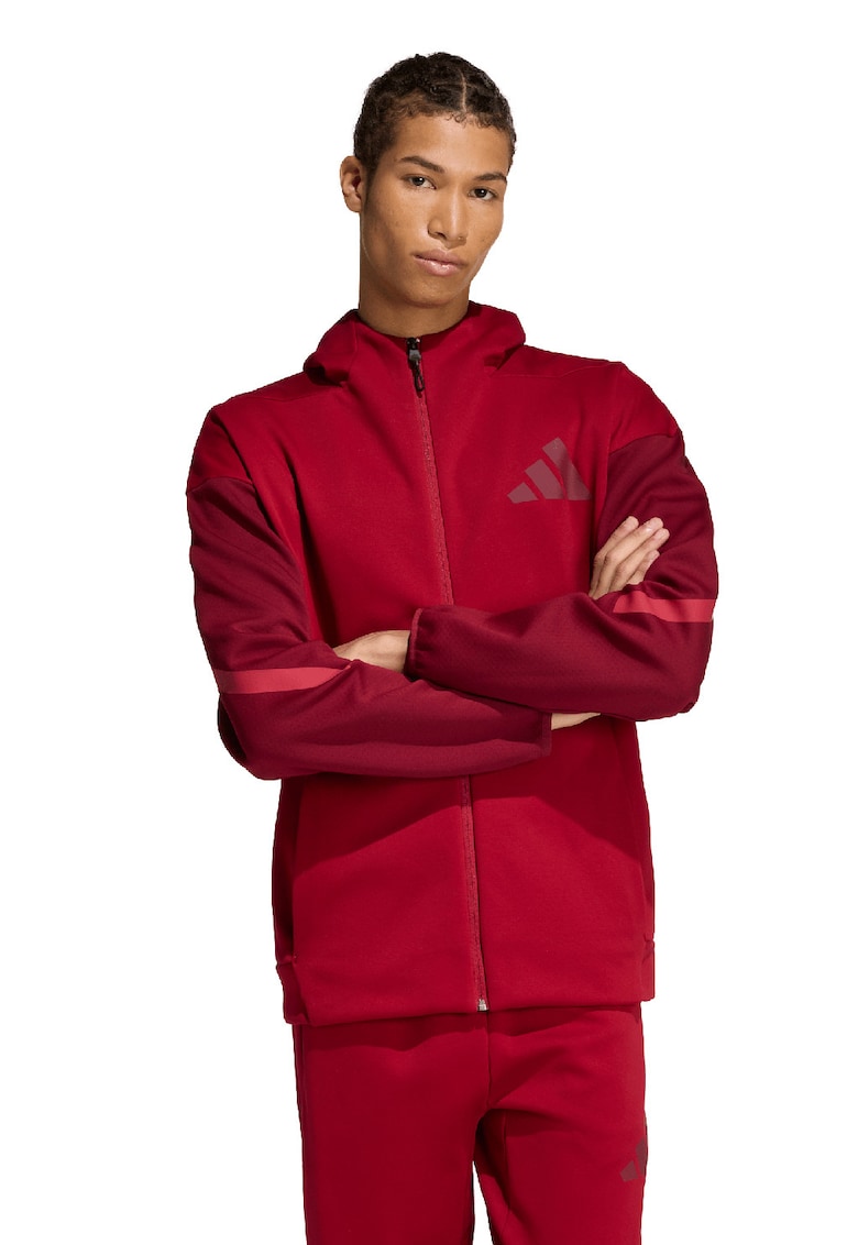 Hanorac cu maneci contrastante si fermoar - Rosu