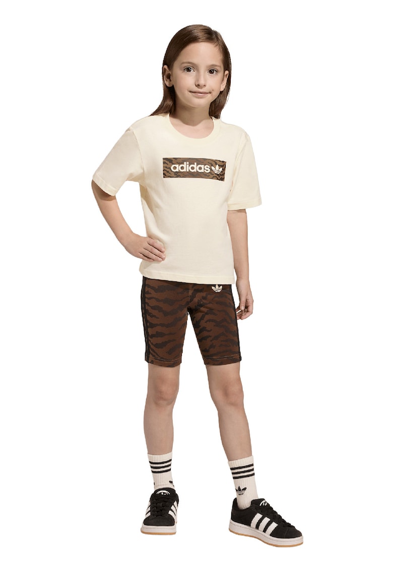 Set de tricou cu imprimeu logo si colanti scurti - 2 piese - Maro/Crem