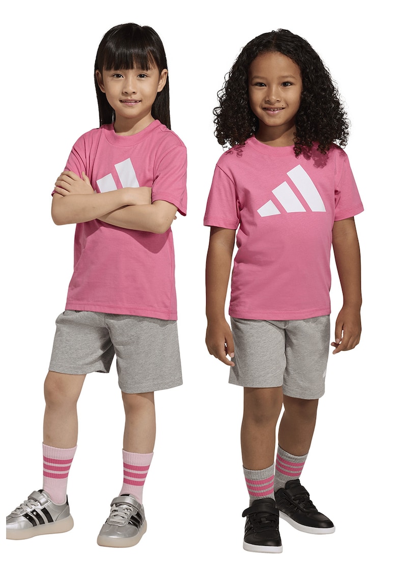 Ser de tricou de bumbac si pantaloni scurti cu logo - 2 piese - Gri melange/Roz