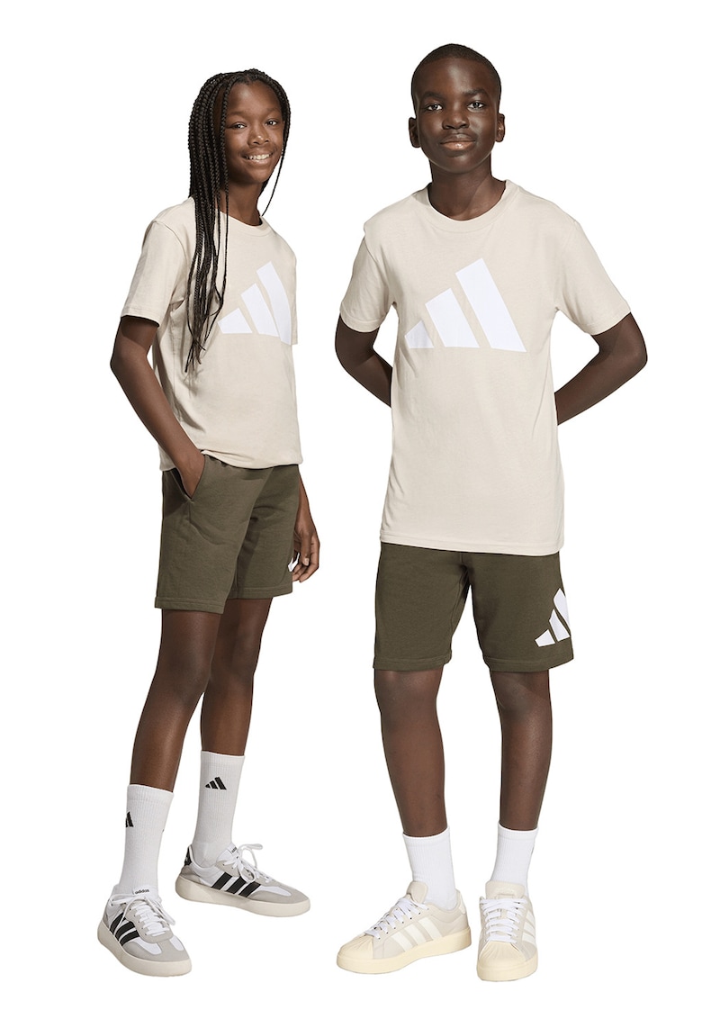 Trening de bumbac cu pantaloni scurti si imprimeu logo - Kaki/Crem