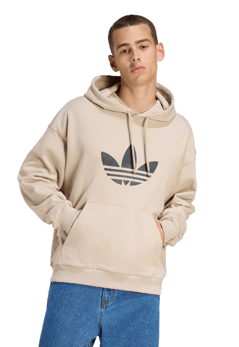 Hanorac cu imprimeu monograma si buzunar kangaroo - Negru/Maro taupe deschis