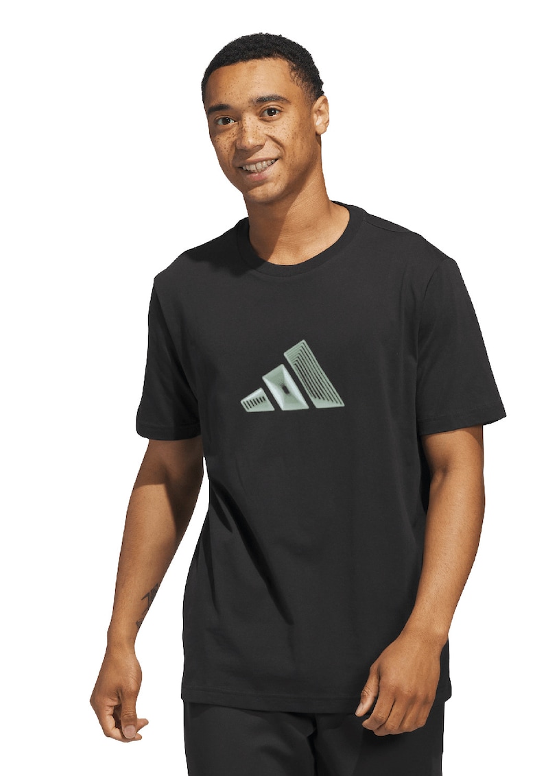 Tricou cu decolteu la baza gatului si imprimeu logo pe partea din fata - Negru