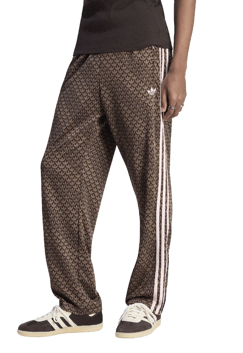Pantaloni de trening cu model monograma si slituri cu fermoar la glezna - Alb/Maro inchis/Maro deschis