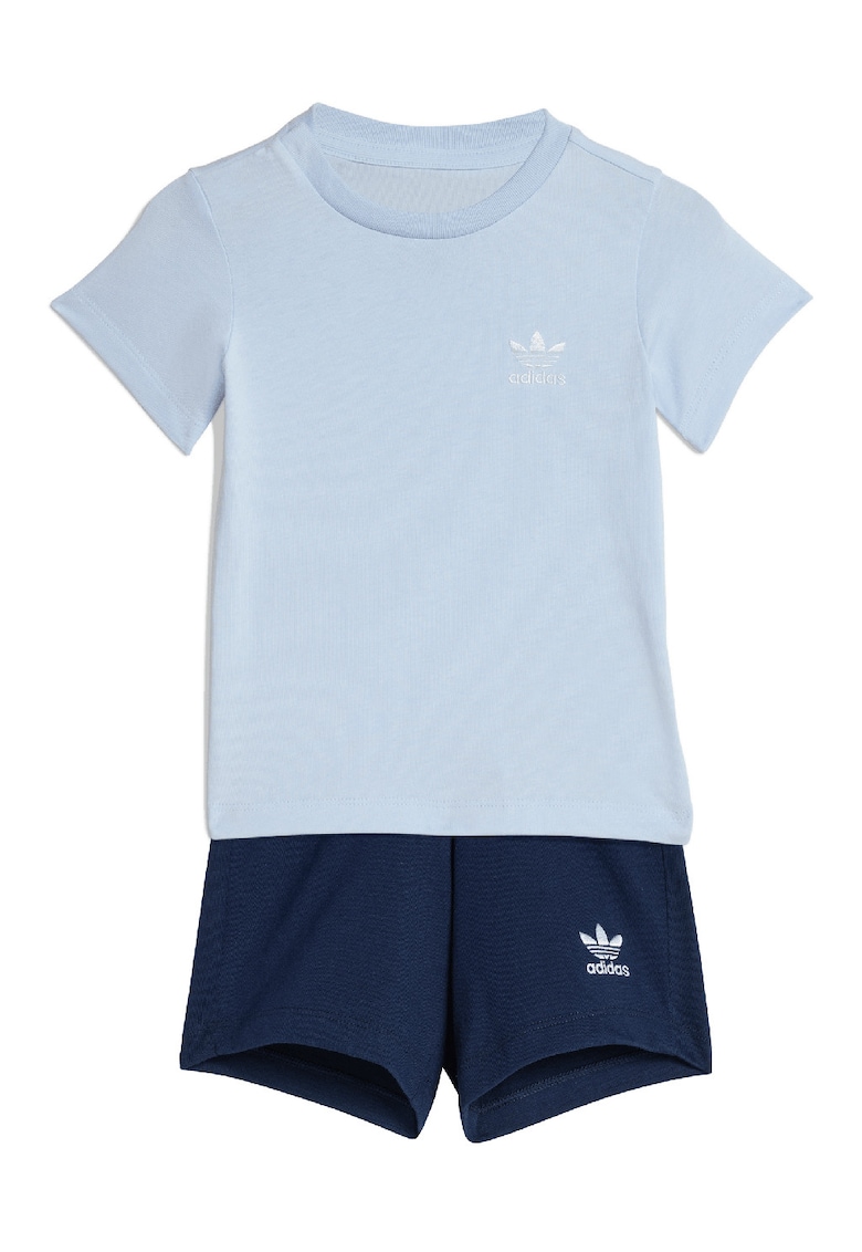 Set de tricou de bumbac si pantaloni scurti cu logo brodat - 2 piese - Albastru deschis/Bleumarin