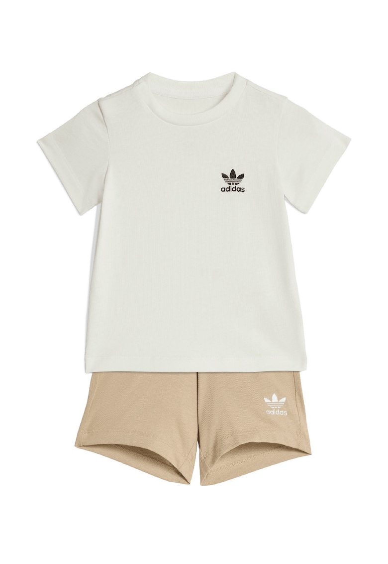 Set de tricou de bumbac si pantaloni scurti cu logo brodat - 2 piese - Maro taupe deschis/Crem