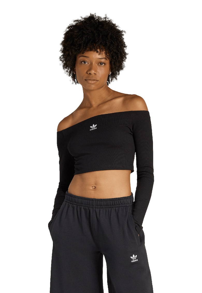 Bluza crop cu decolteu pe umeri - Negru