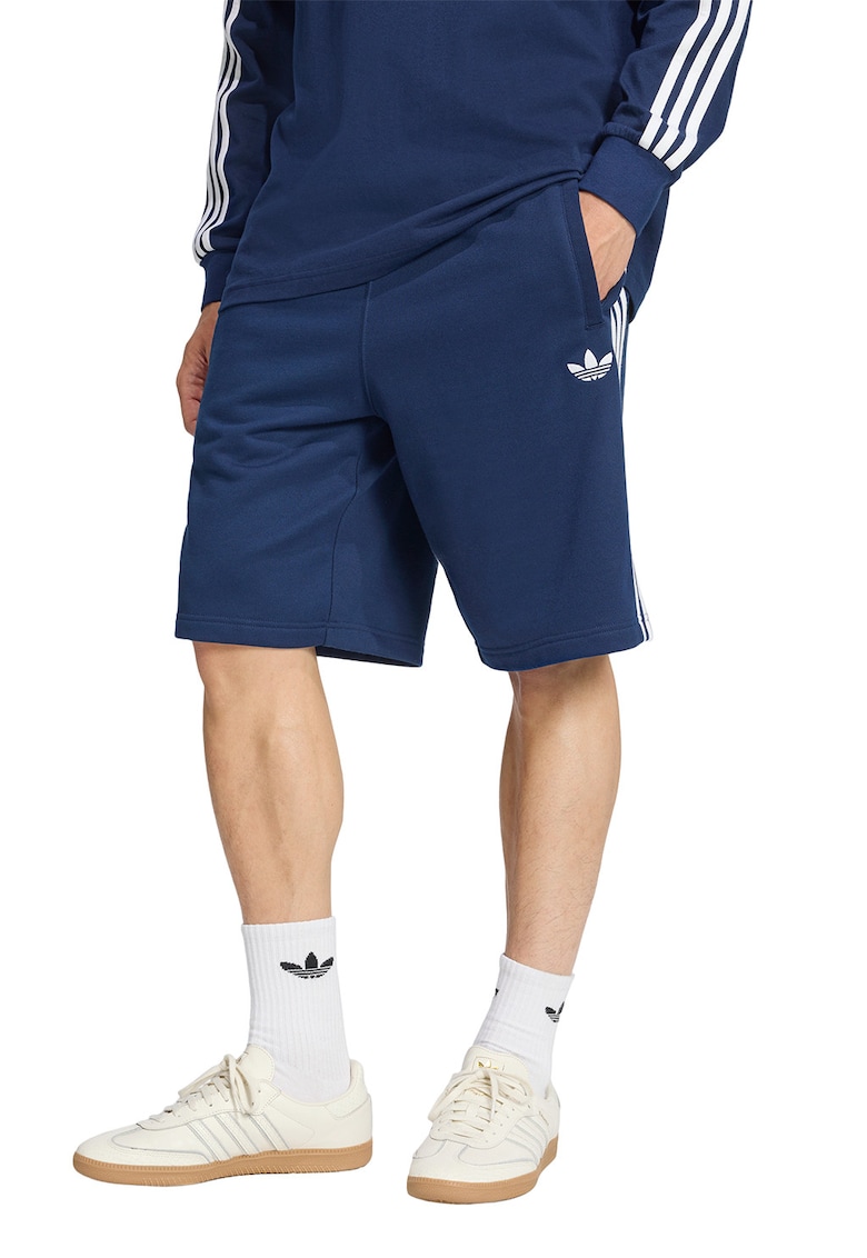 Pantaloni scurti de bumbac cu logo brodat si benzi contrastante - Albastru prafuit