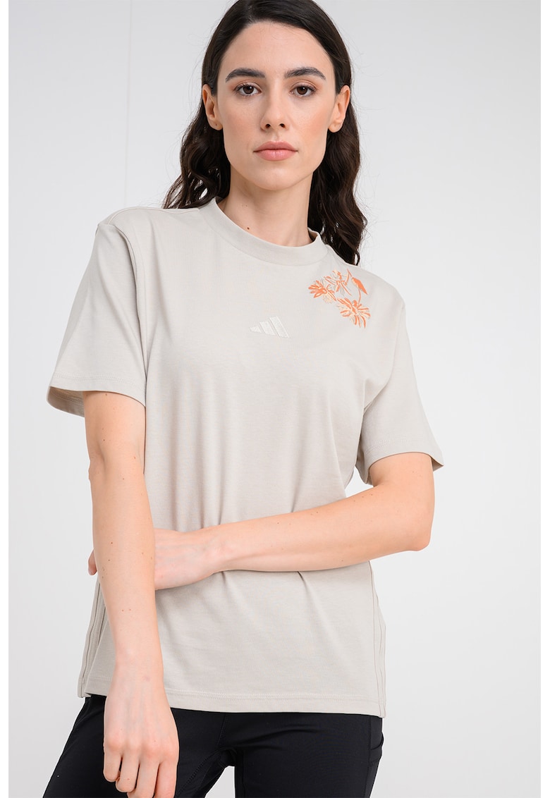 Tricou de bumbac cu broderii florale si monograma - Grej