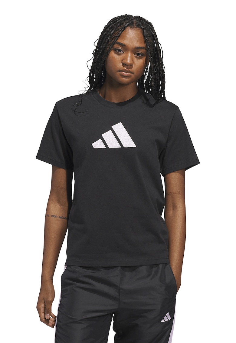 Tricou din bumbac cu decolteu la baza gatului si imprimeu logo Gingham - Negru