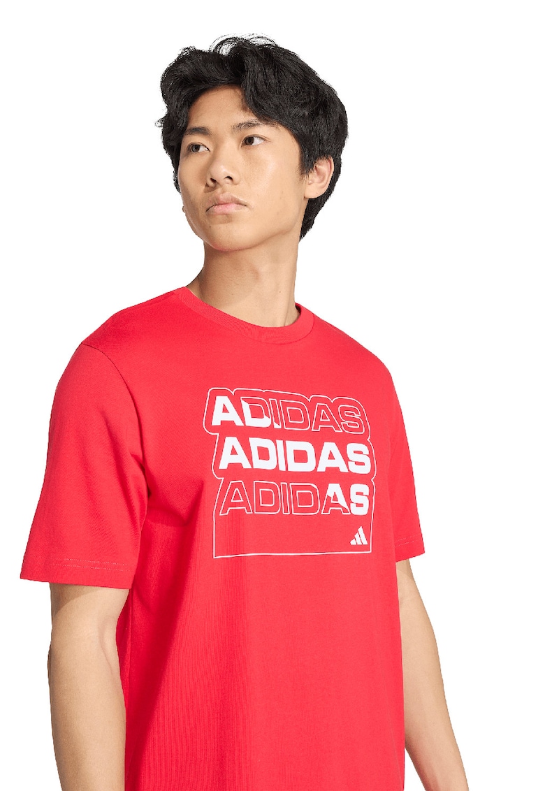 Tricou cu decolteu la baza gatului si imprimeu logo - Rosu/Alb