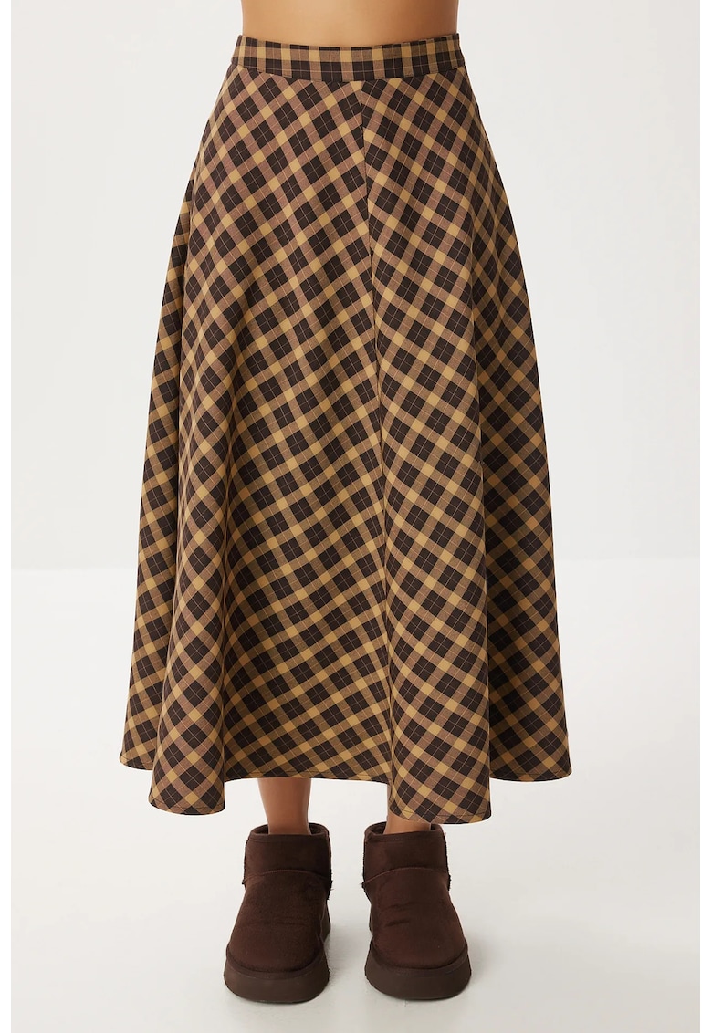 Fusta lunga - Happiness Istanbul - carouri - cu buzunare - maro/negru - textil