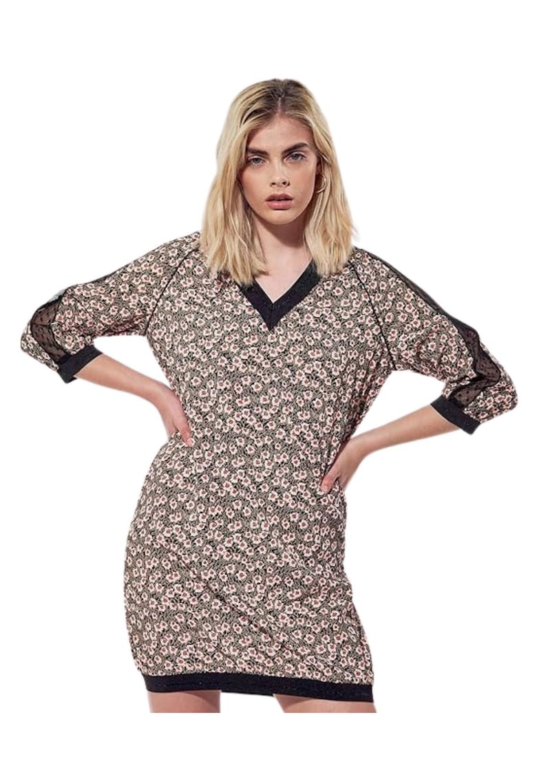 Rochie cu model floral si imprimeu in V