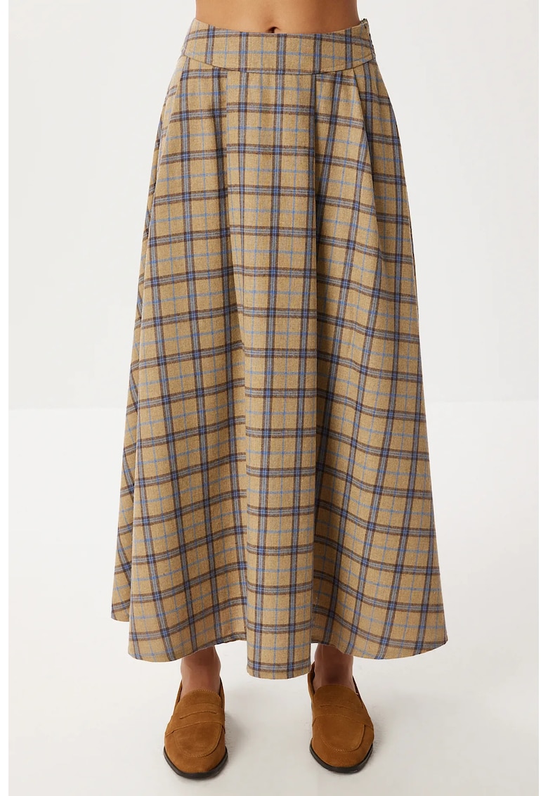 Fusta Midi Plisata cu Talie Inalta - Happiness Istanbul - Maro - Textil