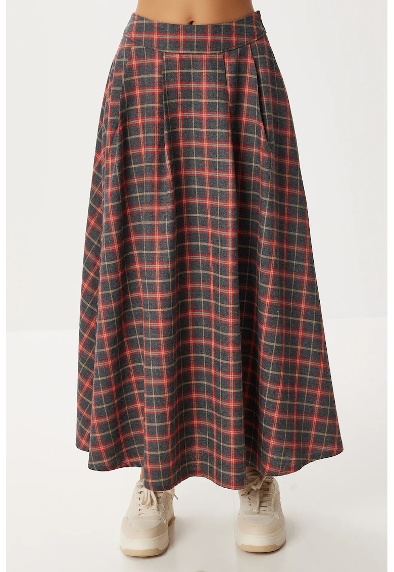 Fusta lunga - Happiness Istanbul - cu volane - in carouri - gri/rosu - textil