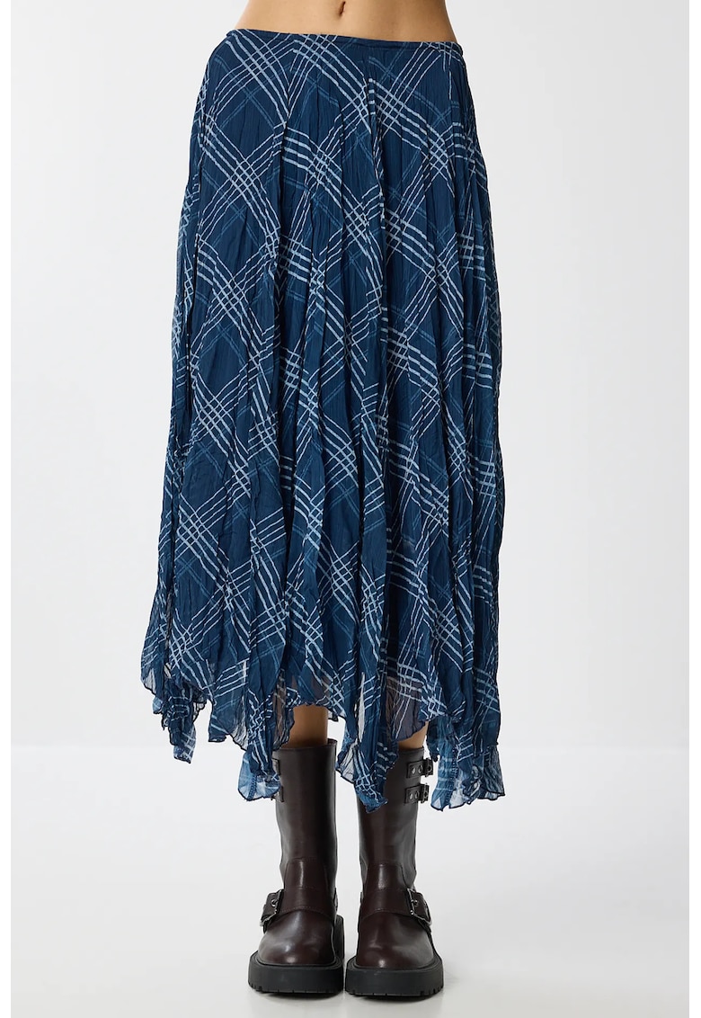 Fusta midi asimetrica Happiness Istanbul - talie inalta - cu fermoar - textil - albastru -