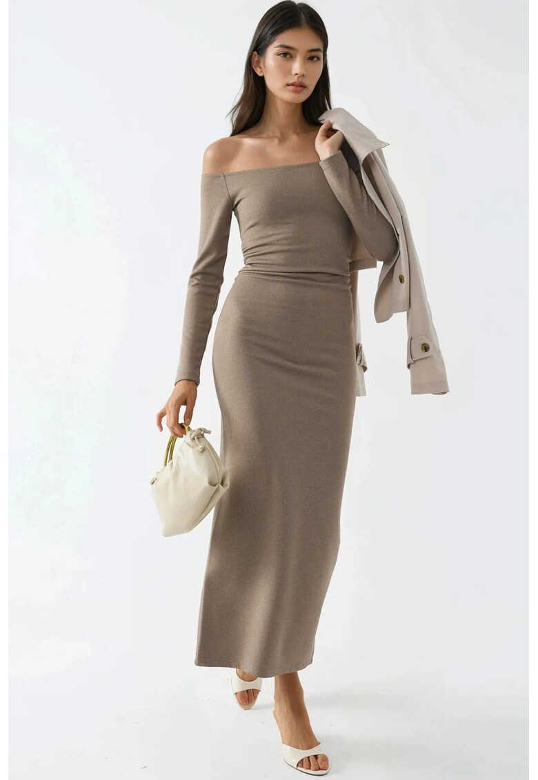 Rochie Maxi Bodycon fara umeri - bej - jerseu