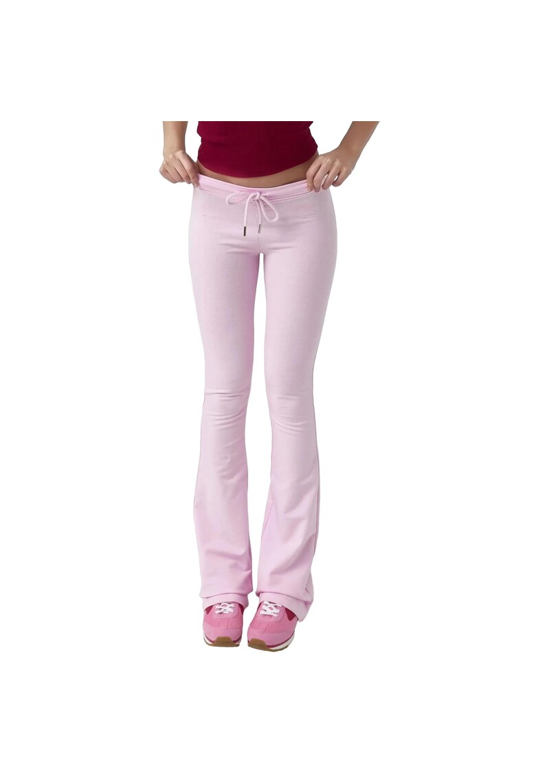 Pantaloni sport dama evazati - cu snur - roz pudra - textil