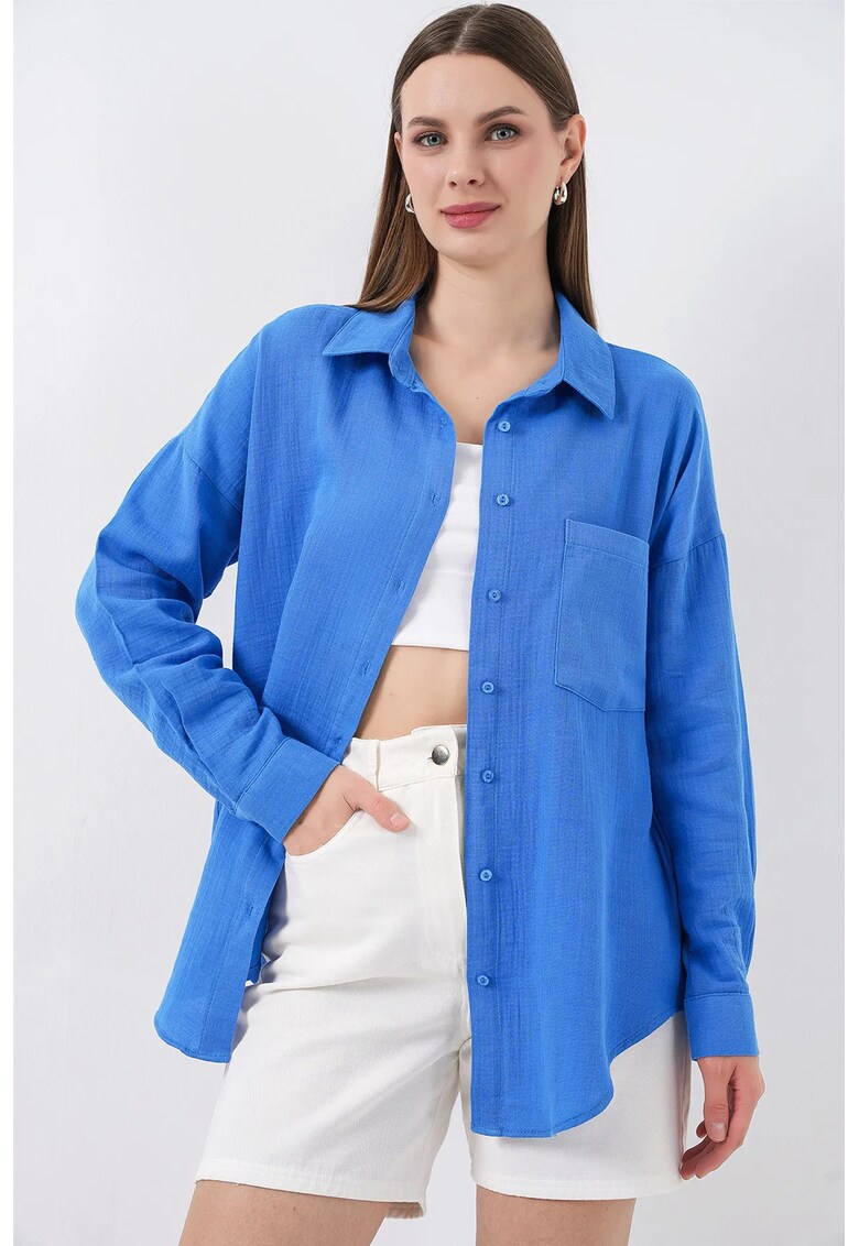 Camasa dama - supradimensionata - albastru - amestec de in