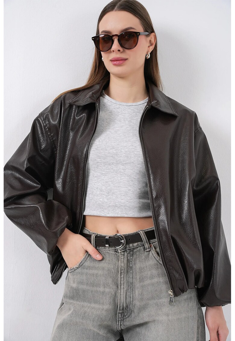 Geaca dama supradimensionata din piele ecologica - maro - textil