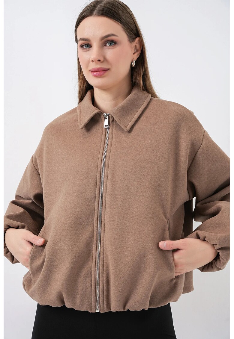 Geaca bomber - fermoar - buzunare - maro - textil