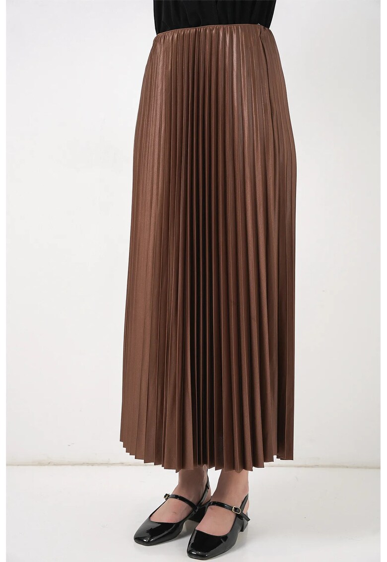 Fusta maxi talie inalta - textura metalica - textil - maro - One Size