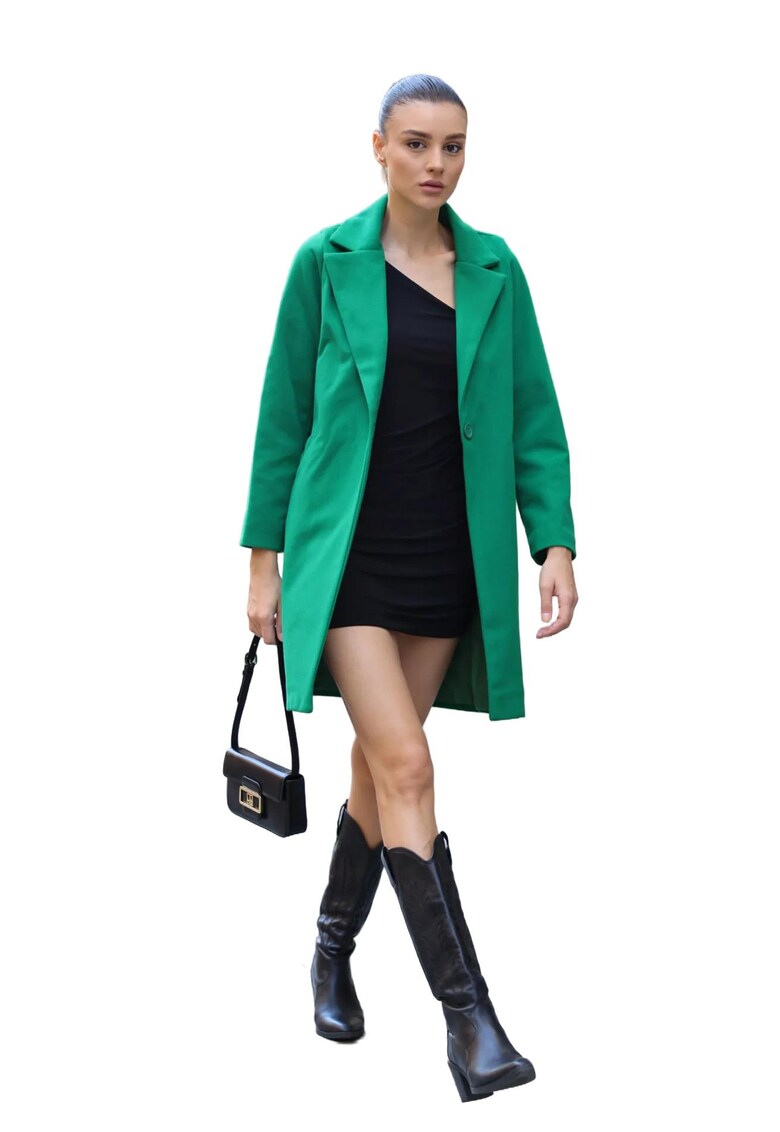 Palton dama verde - textil - cu nasturi si buzunare