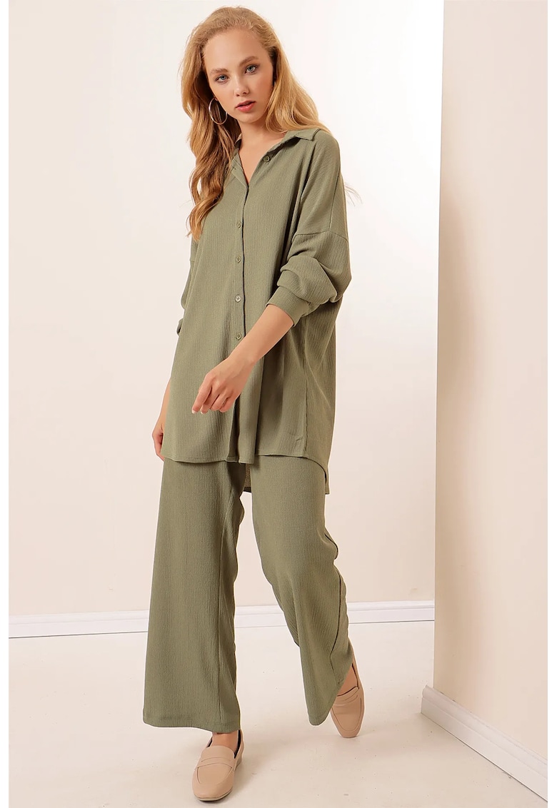 Set compleu BDART - camasa cu maneca lunga texturata si pantaloni - verde