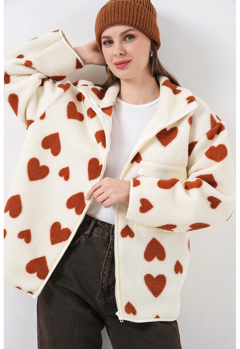 Jacheta dama supradimensionat - buzunare detaliate - textil - ecru/maro