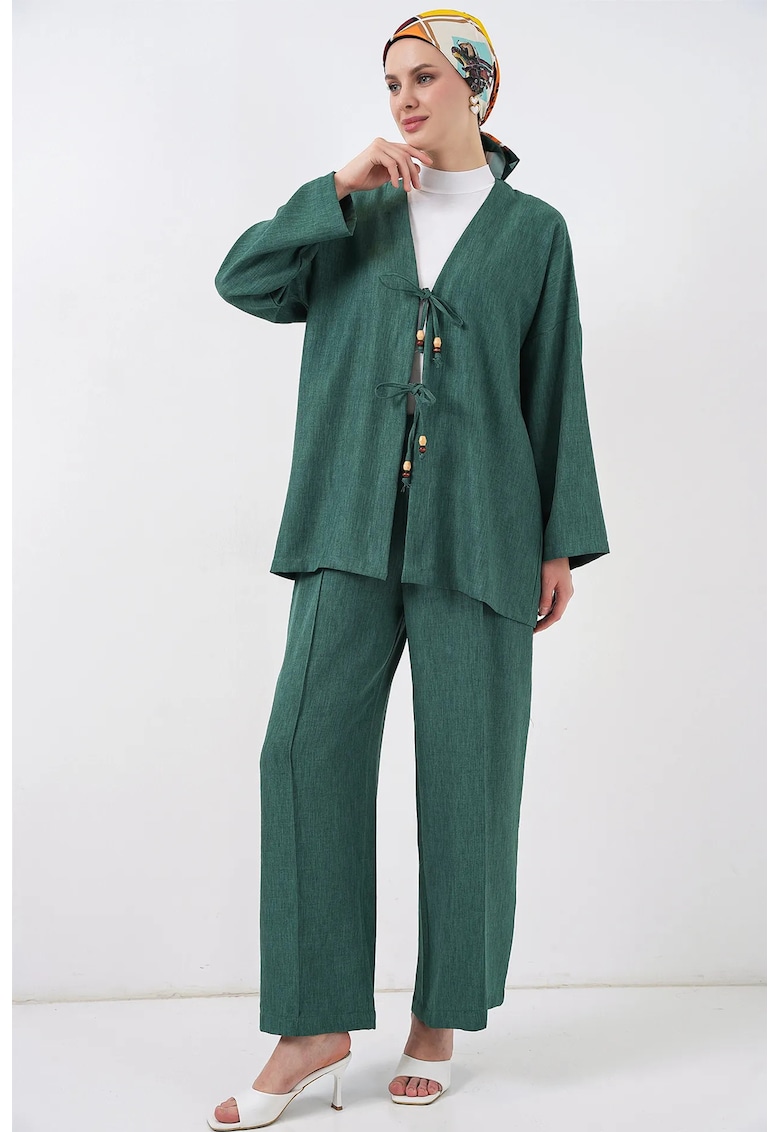 Costum dama - set cardigan si pantaloni largi - detalii decorative - verde pin - amestec de in. -