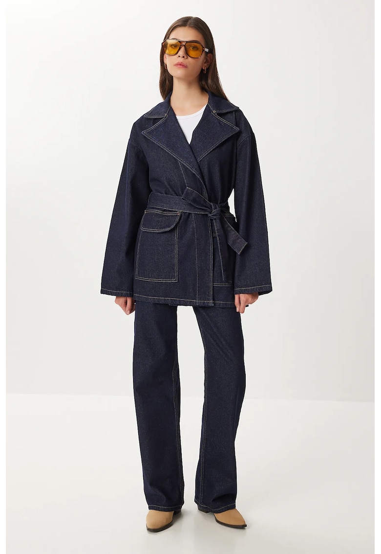 Set din denim - Happiness Istanbul - jacheta cu guler - pantaloni cu croiala larga - bleumarin - bumbac