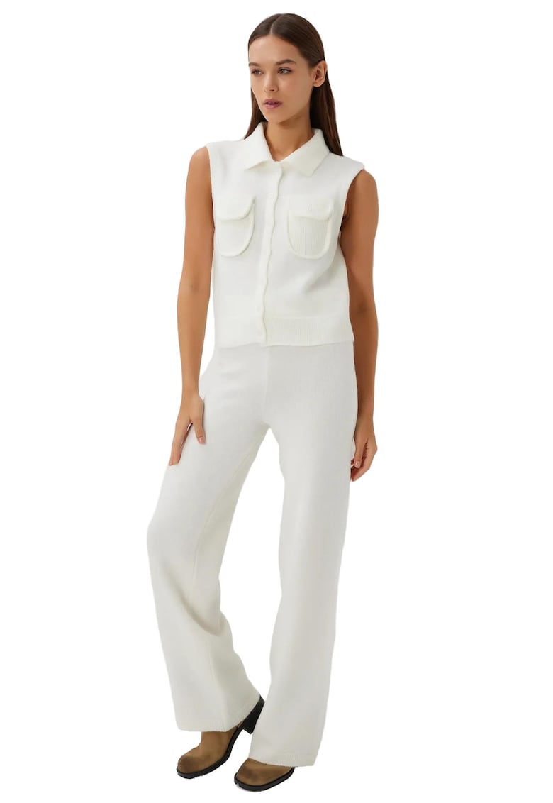 Set femei - Happiness Istanbul - camasa polo texturata si pantaloni largi - ivoire - tricot - One Size