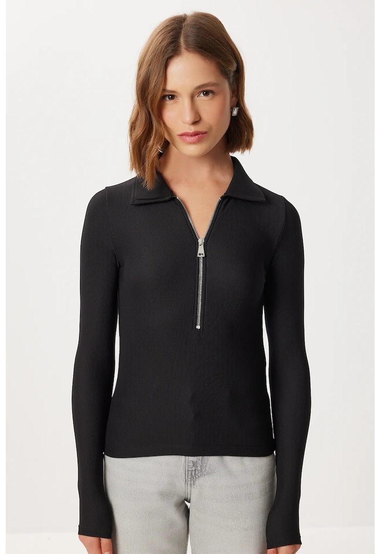 Bluza dama - Happiness Istanbul - mulata - maneca lunga - guler cu fermoar - negru - jerseu