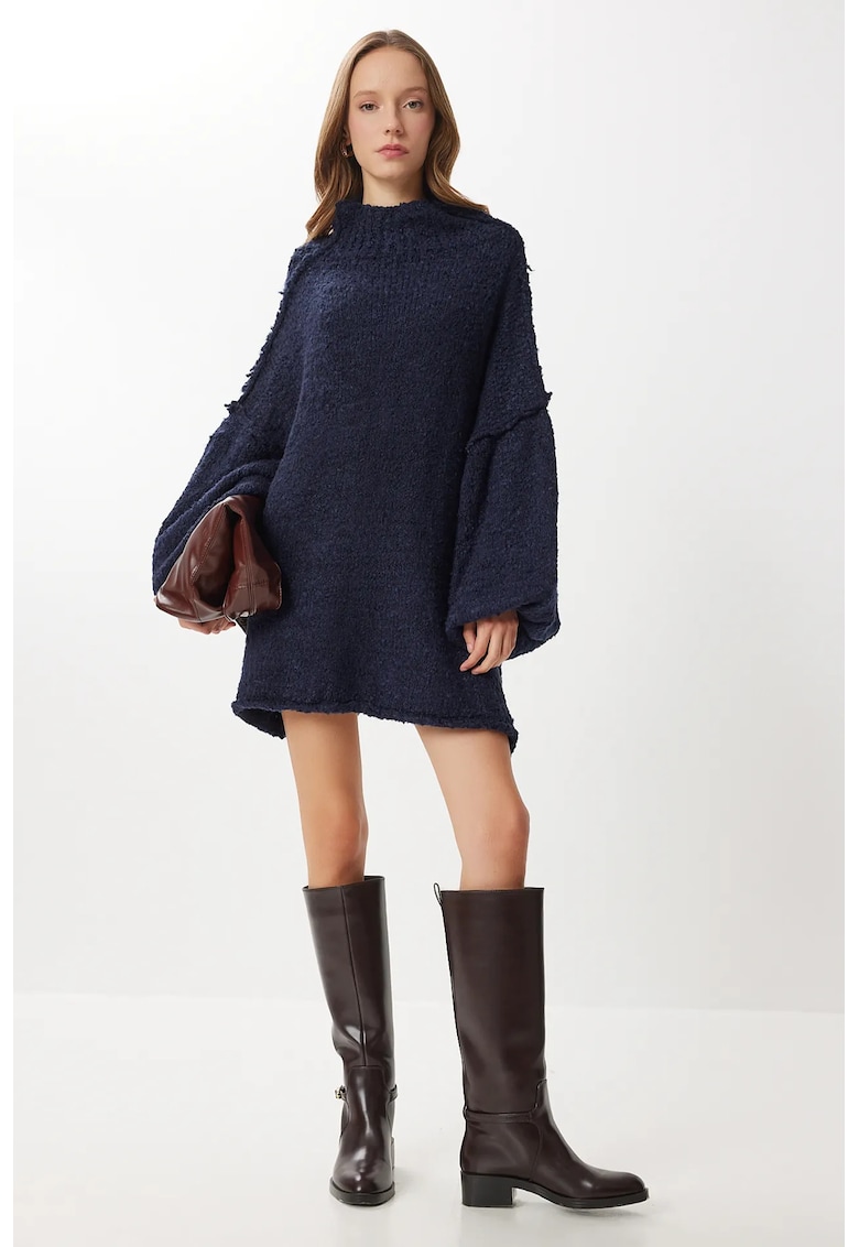 Rochie mini tricotata - Happiness Istanbul - texturata - bleumarin - amestec bumbac-acrilic -