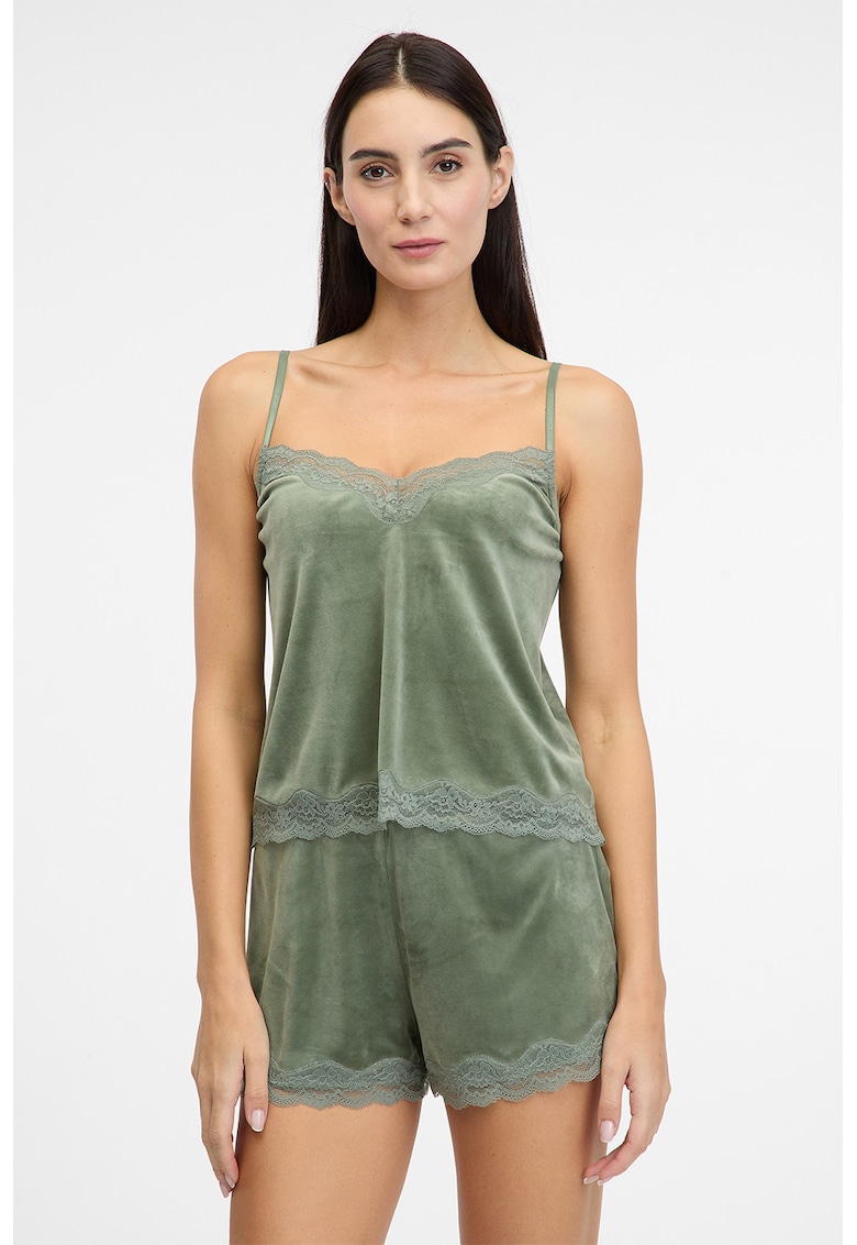Top de pijama din velur cu garnitura din dantela - Verde sparanghel