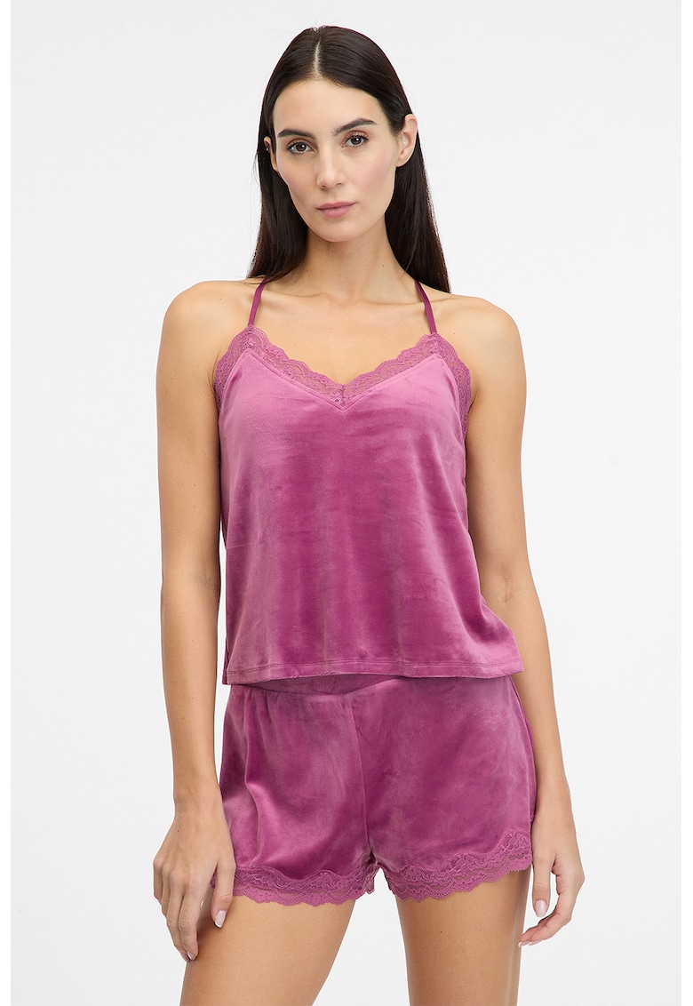 Top de pijama din velur cu garnitura din dantela - Ametist