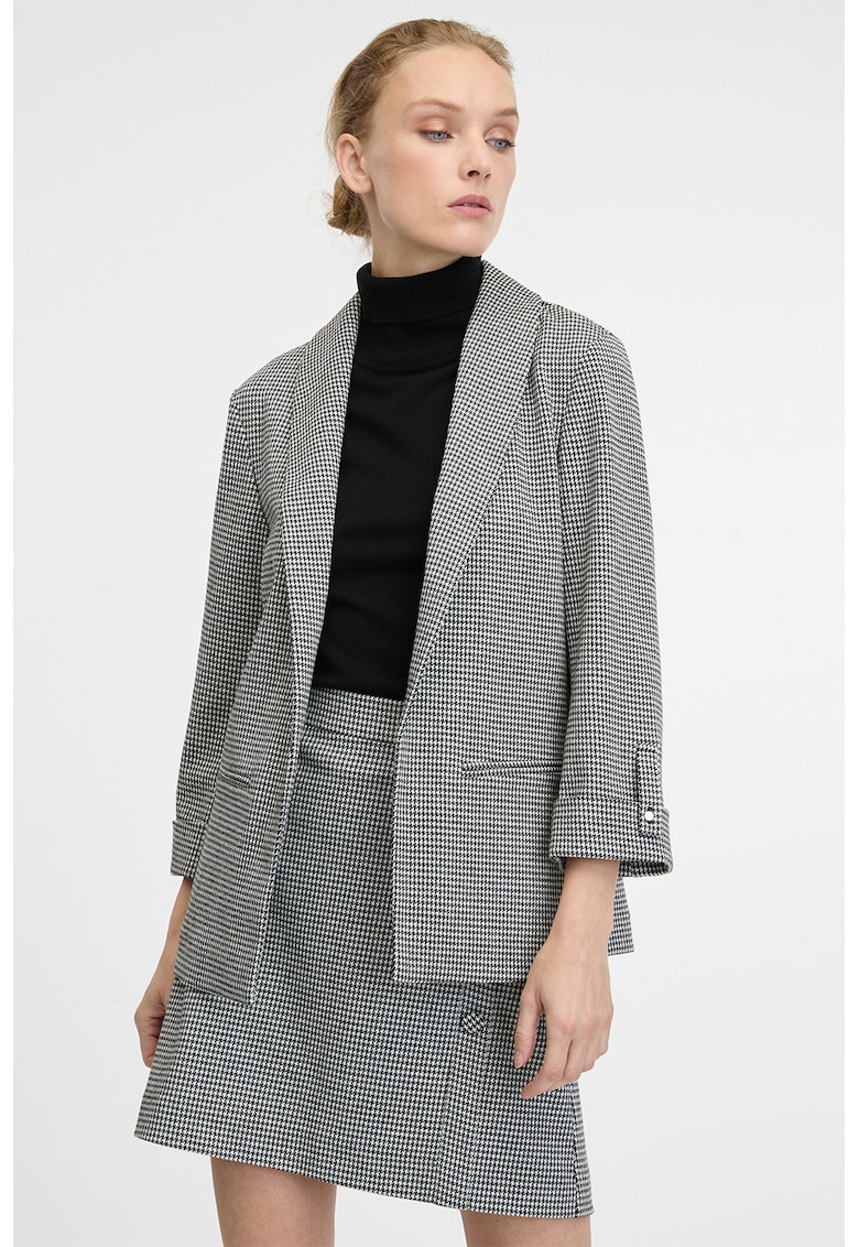 Sacou cu model houndstooth si maneci trei sferturi - Alb/Negru