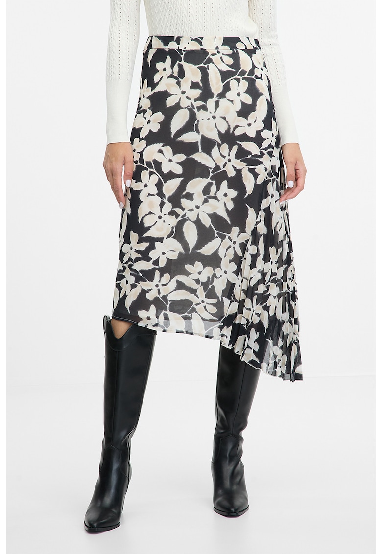 Fusta asimetrica cu model floral - Alb fildes/Negru