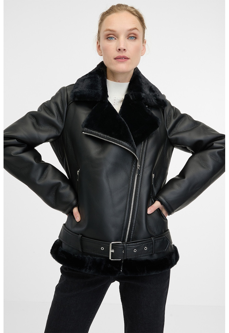 Jacheta din blana shearling sintetica cu fermoar asimetric - Negru