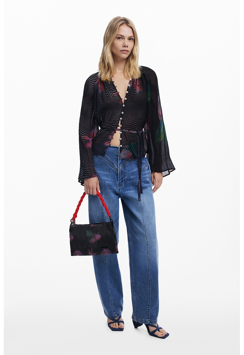 Bluza cu nasturi si maneci evazate - Negru/Roz